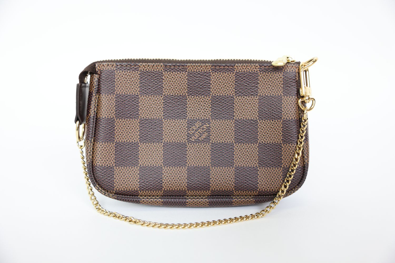 Louis Vuitton Pochette Accessoires Mini, Damier Ebene Coated Canvas and Cowhide-Leather Trim with Gold Hardware, New in Box WA001