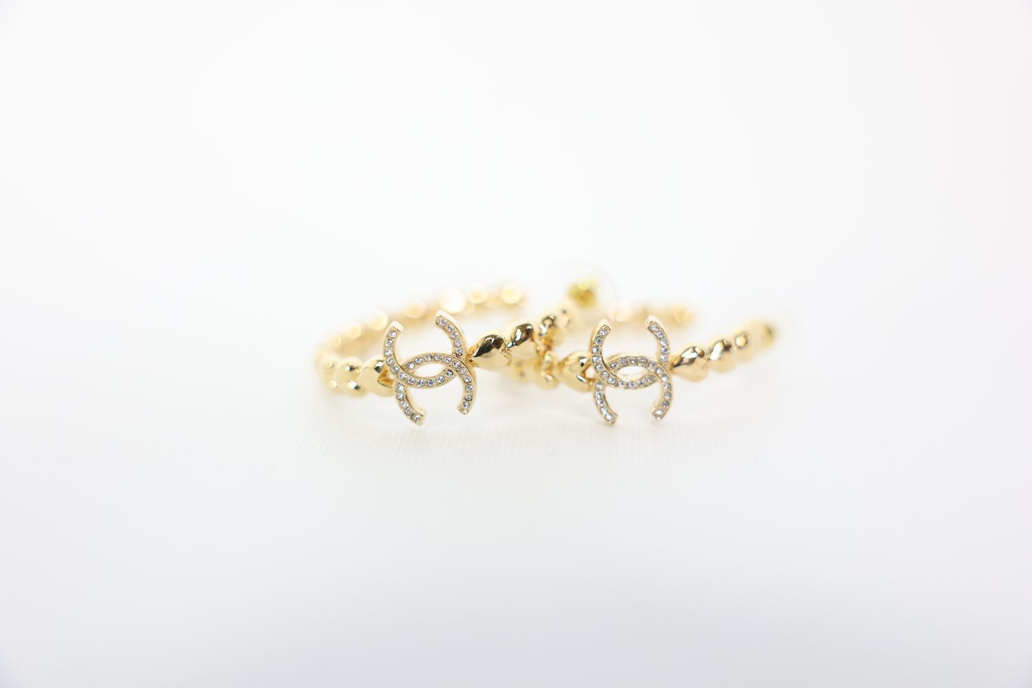 Chanel CC Heart Hoop Post Back Earrings, Crystals with Gold Hardware, New WA001