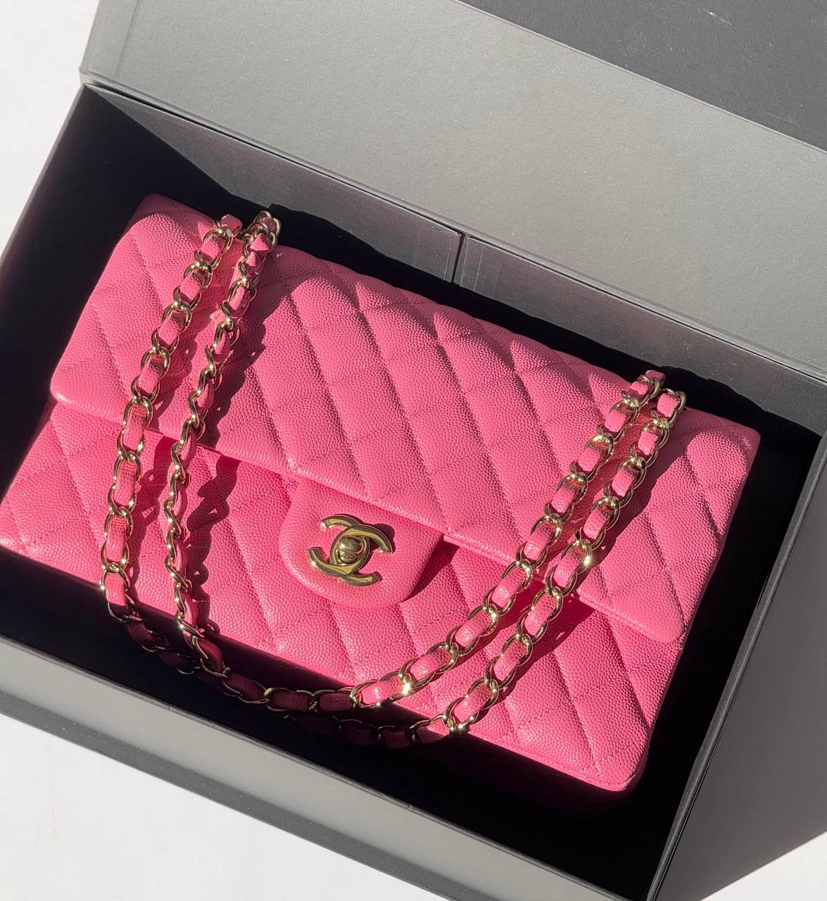 Preorder Chanel Classic Flap, Medium, Barbie Pink Caviar Leather, Gold Hardware, Preowned in Box