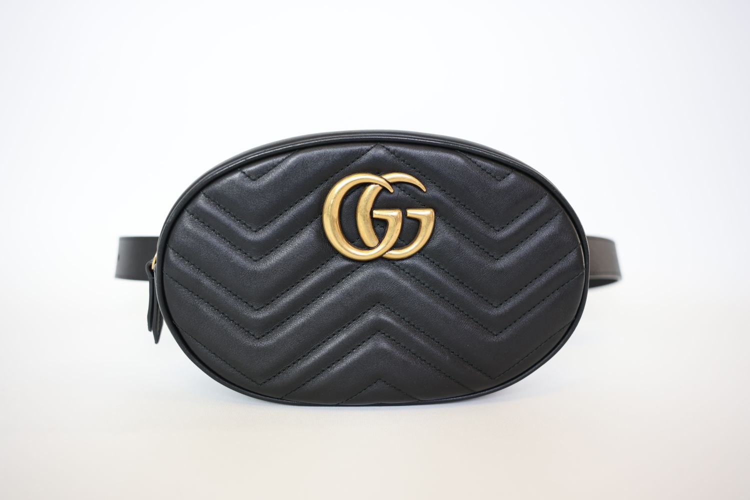 Gucci GG Marmont Beltbag, Black Chevron Leather with Gold Hardware, Preowned in Box WA001