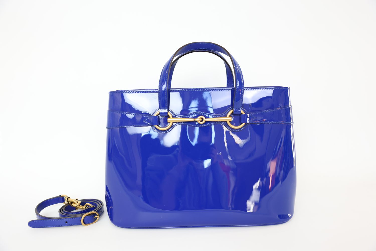 Gucci Horsebit Medium, Royal Blue Patent Leather with Gold Hardware, Preowned in Dustbag WA001