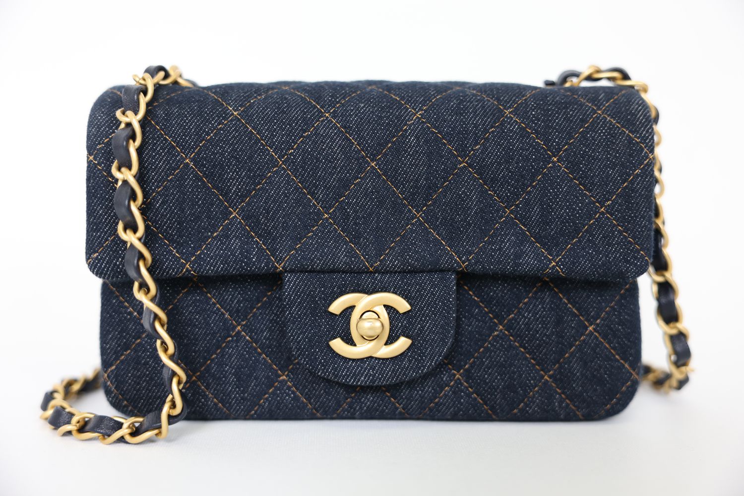 Chanel Classic Handbag Mini, Dark Blue Denim with Gold Hardware, New in Box WA001