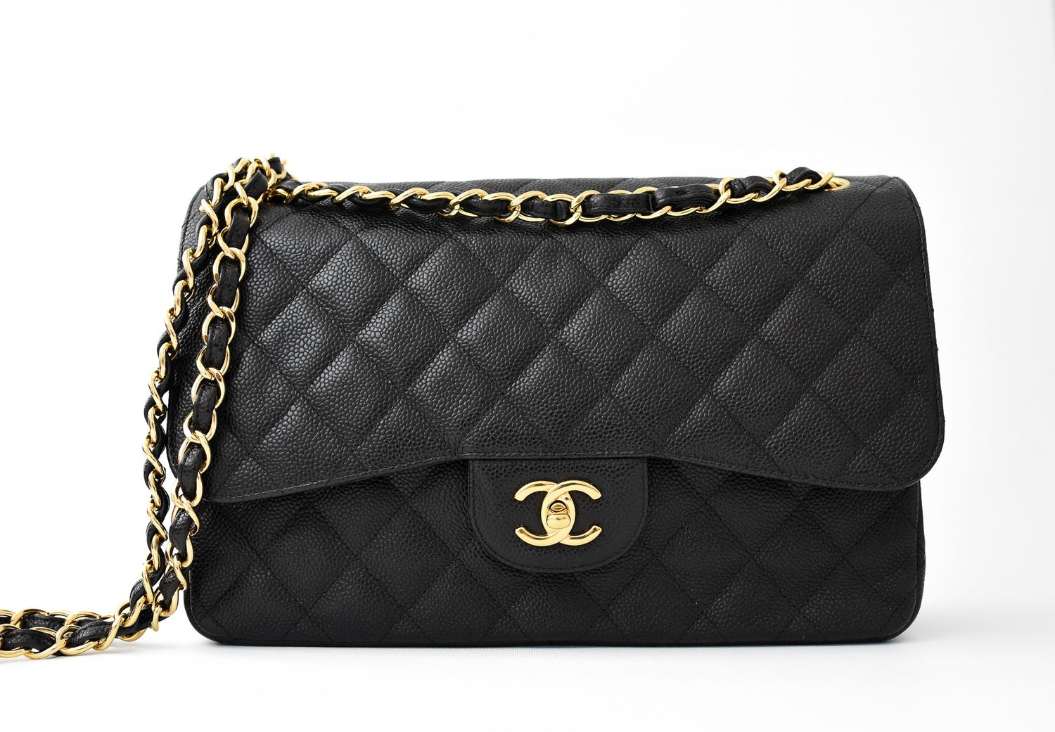 Chanel Classic Double Flap Jumbo, Black Caviar Leather With Gold Hardware, Preowned in Black Dustbag GA003
