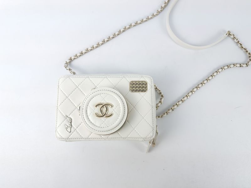 Chanel Camera Bag, White Lambskin Leather, Gold Hardware, Like New in Box MA001