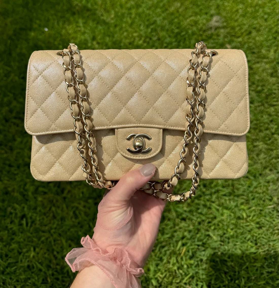 Preorder Chanel Classic Flap, Medium, 19S Beige Iridescent Caviar Leather, Gold Hardware, Preowned in Box