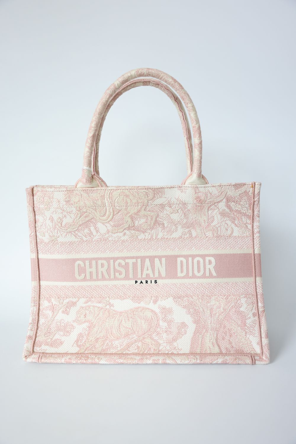 Dior Book Tote Bag Medium, Ecru and Pink Toile de Jouy Embroidery, Preowned in Dustbag WA001