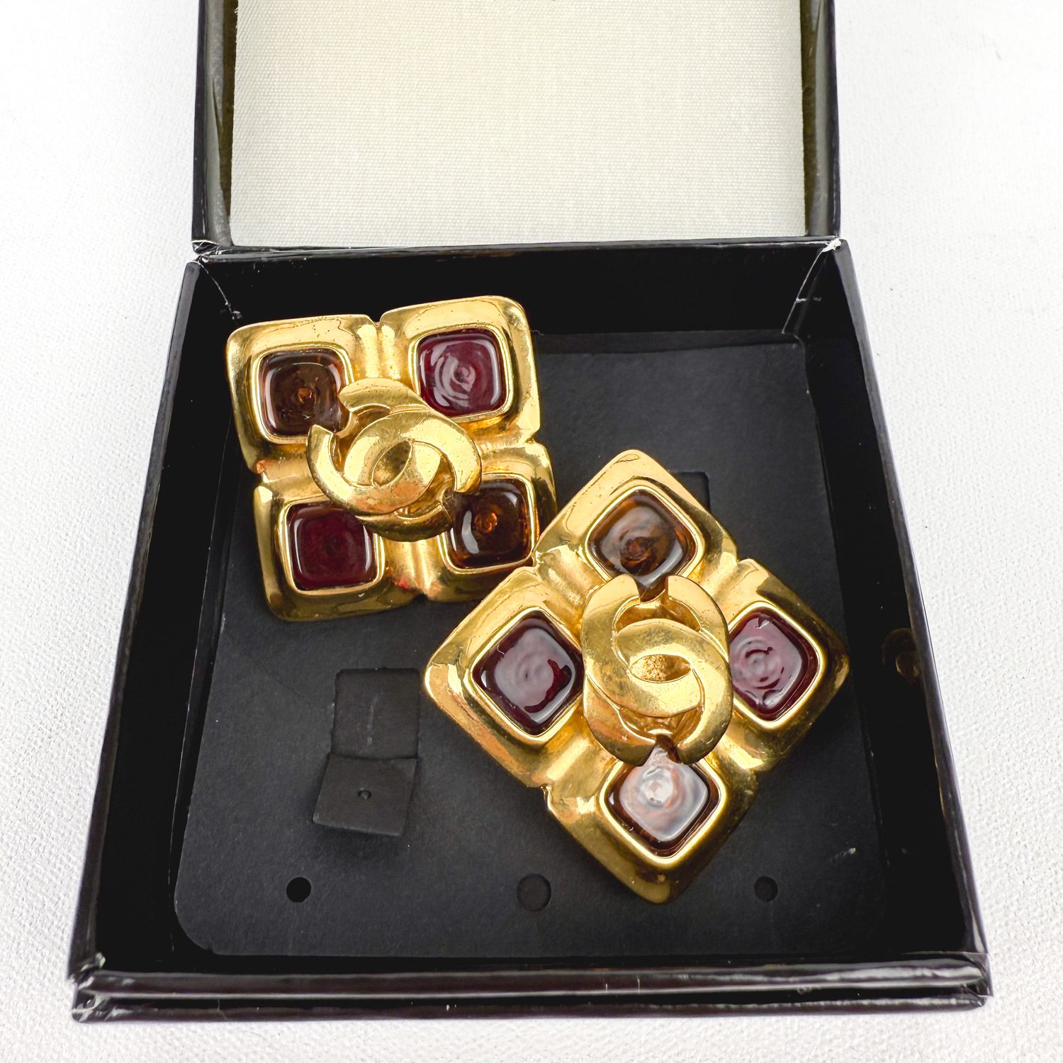 Chanel Vintage Square Earrings, with Red gem stones, Preowned in Box MA001