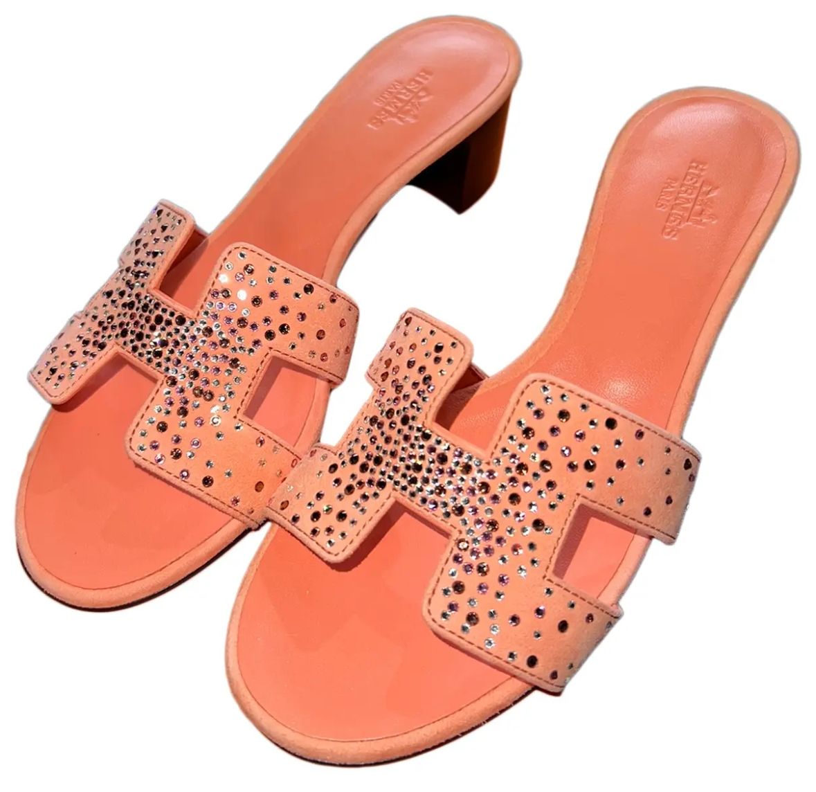 Hermes Shoes, Oran Coral Jewelled Suede, Size 38, As New in Box and Dustbag (Ships from London)