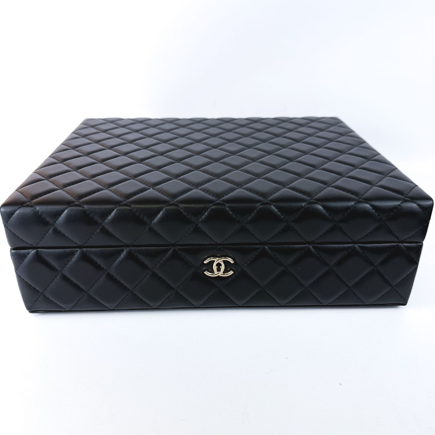 Chanel Jewelry  Box, Black Lambskin Leather, Gold Hardware, Preowned in Box CMA001