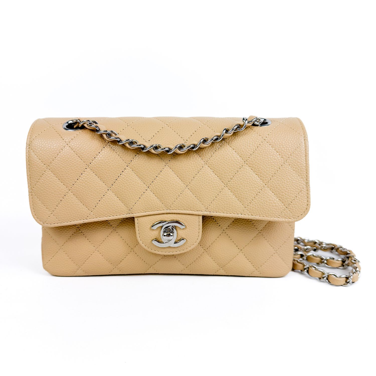 IGLIVE Chanel Classic Flap, Small, Beige Caviar Leather, Silver Hardware, New in Box MA001 20250120