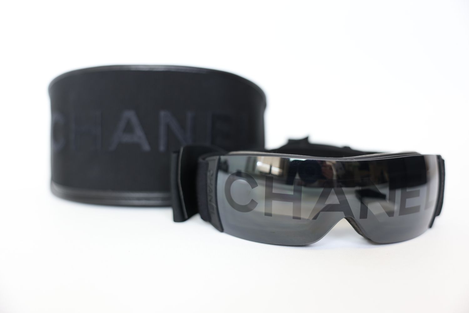 Chanel Ski Goggles Mask, Black Mount and Elastic Strap with Gray Chanel Inscription, Preowned in Box WA001