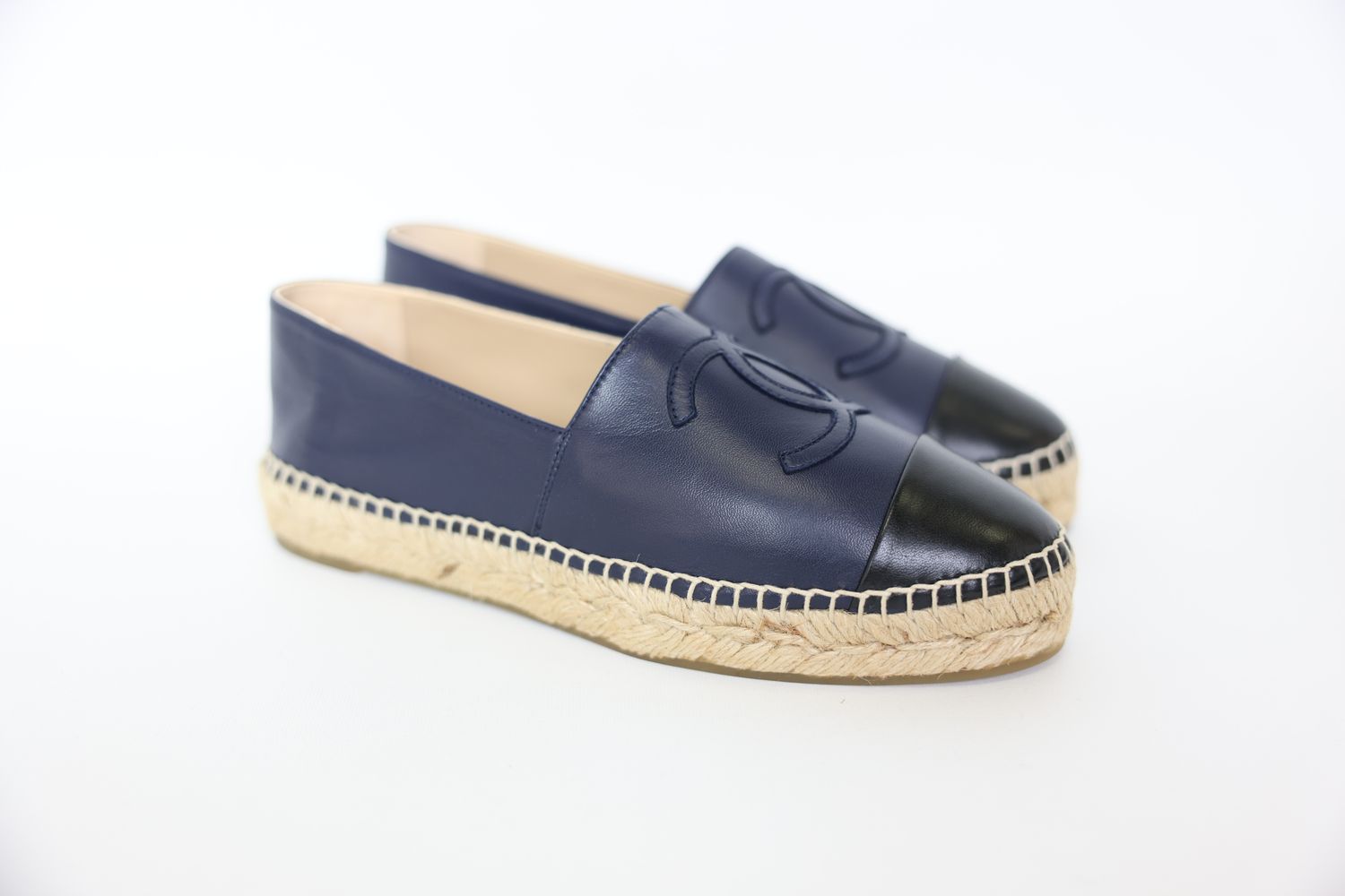 Chanel Espadrille Shoes Size 37, Navy Blue and Black Lambskin, New in Box WA001