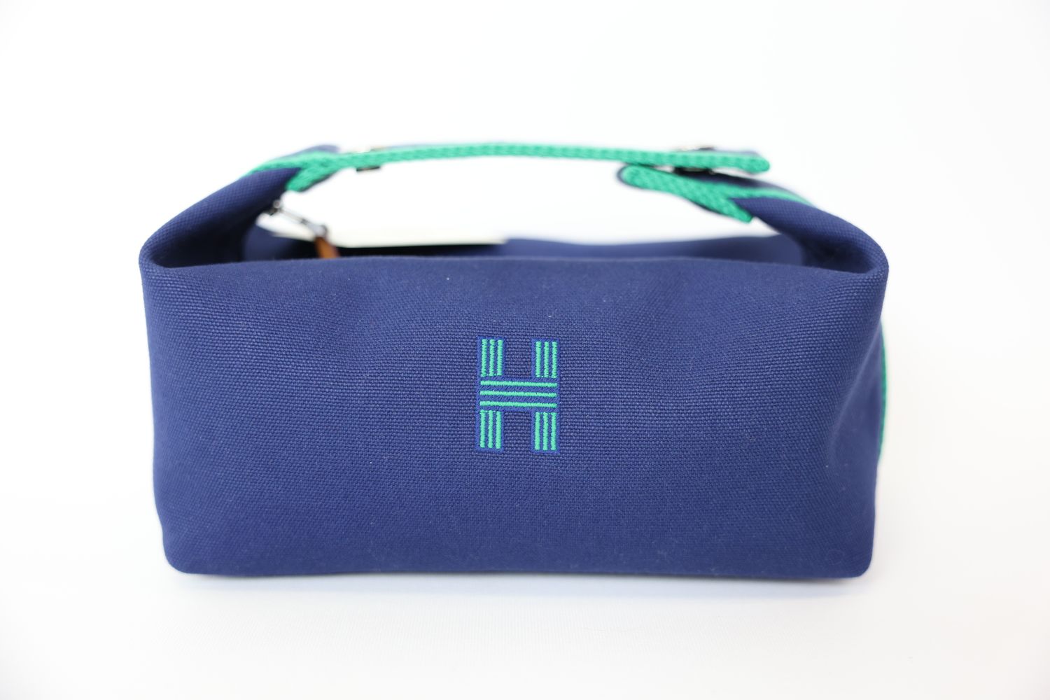 Hermes Bride-a-Brac Case, Marine Navy Blue and Green Cotton Canvas with Palladium Hardware, New WA001