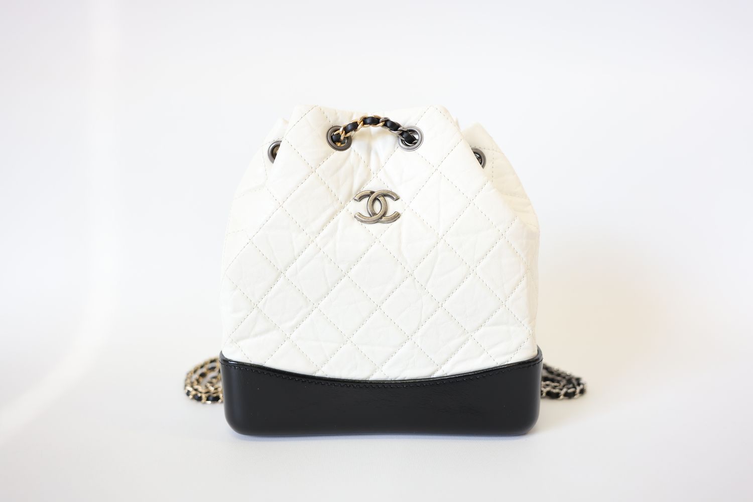 Chanel Gabrielle Backpack Small, 19K Black and White Aged Calfskin with Mixed Hardware, Preowned in Box WA001