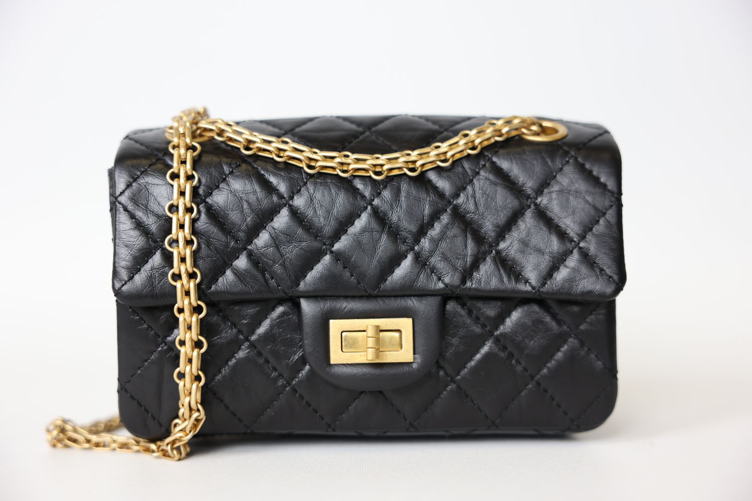 Chanel Reissue 2.55 Mini, Black Aged Calfskin with Gold Hardware, Preowned in Box WA001