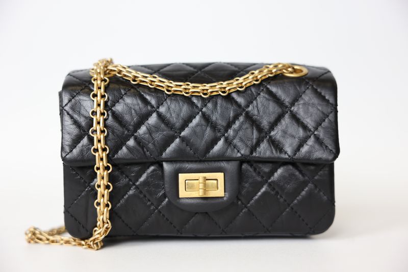 Chanel Reissue 2.55 Handbag Mini, Black Aged Calfskin with Gold Hardware, Preowned in Box WA001