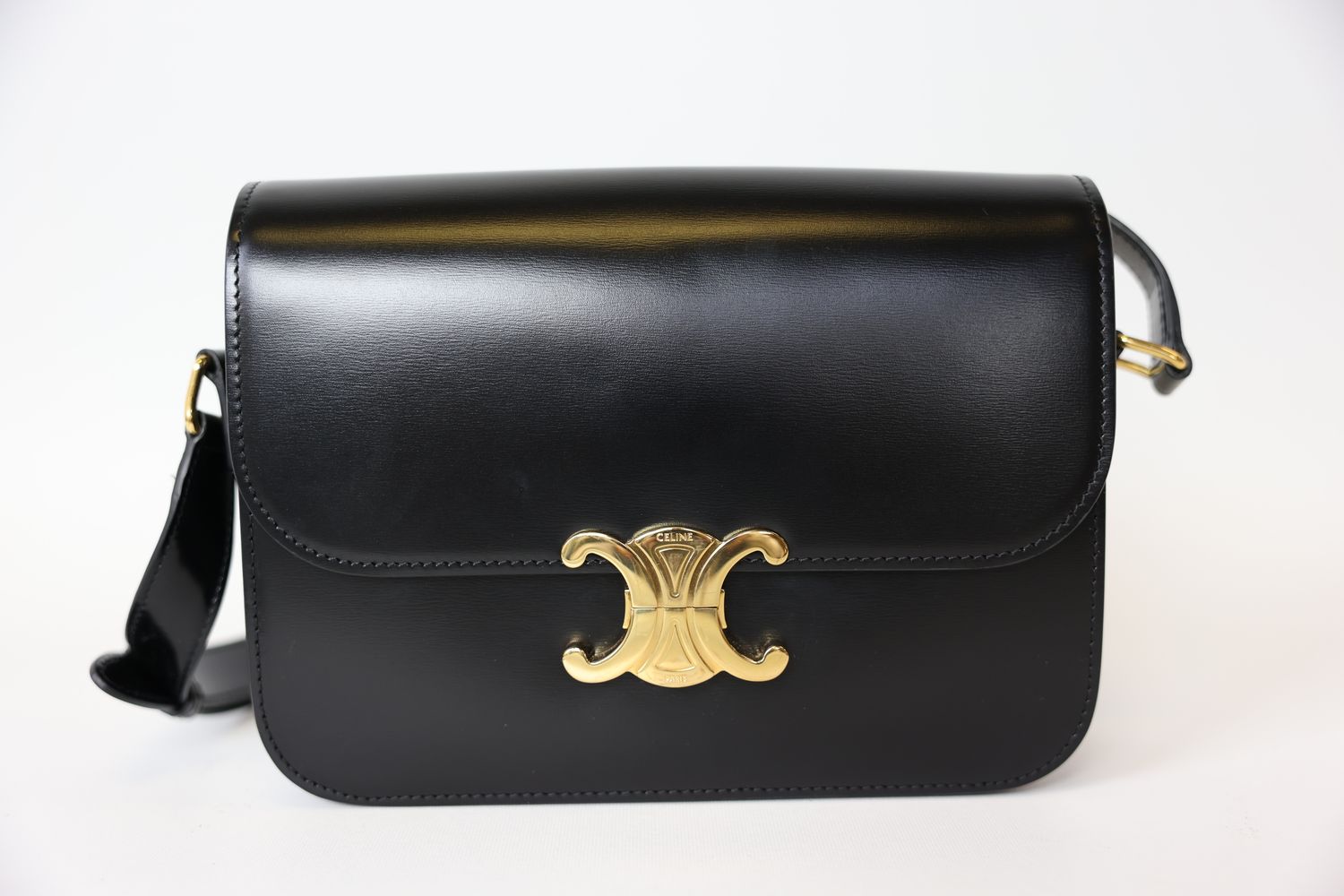 Celine Classique Triomphe Bag, Black Shiny Calfskin with Gold Hardware, Preowned in Box WA001