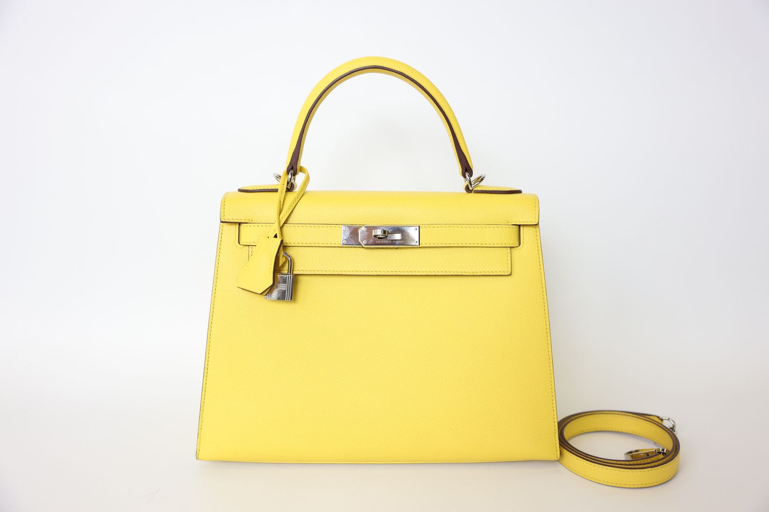 Hermes Kelly Bag 28, Jaune Ambre Amber Yellow Epsom with Palladium Hardware, Preowned in Box WA001