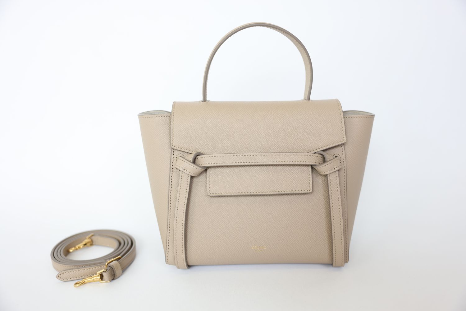 Celine Belt Bag Nano, Light Taupe Calfskin with Gold Hardware, New in Box WA001