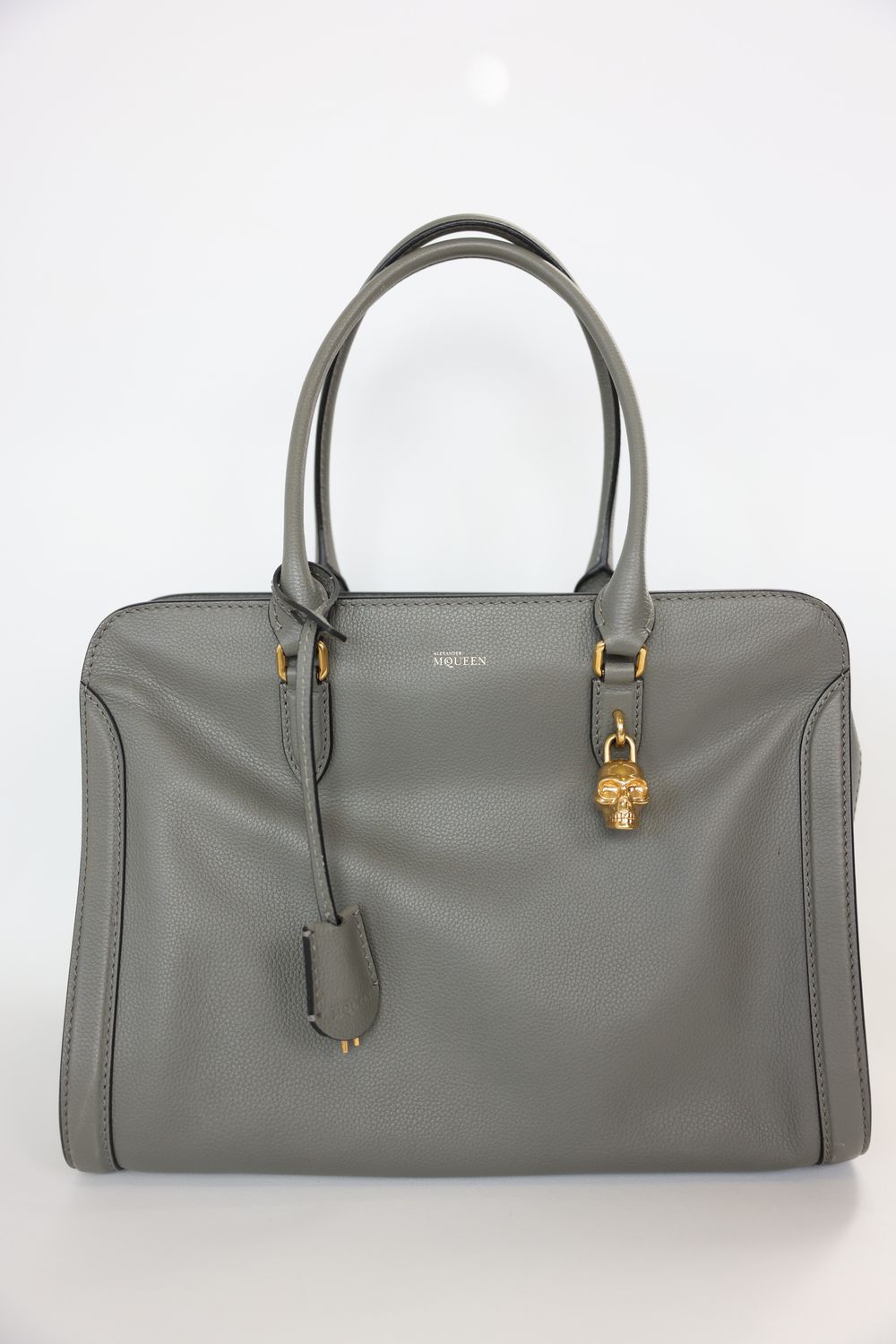Alexander McQueen Skull Padlock Tote Bag Large, Grey Calfskin with Gold Hardware, Preowned in Box WA001
