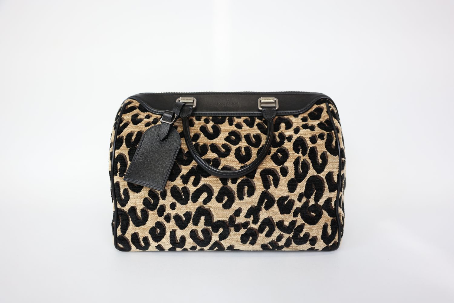 Louis Vuitton Stephen Sprouse Speedy Bag 30, Black and Beige Leopard Chenille and Black Leather with Aged Silver Hardware, Preowned in Dustbag WA001