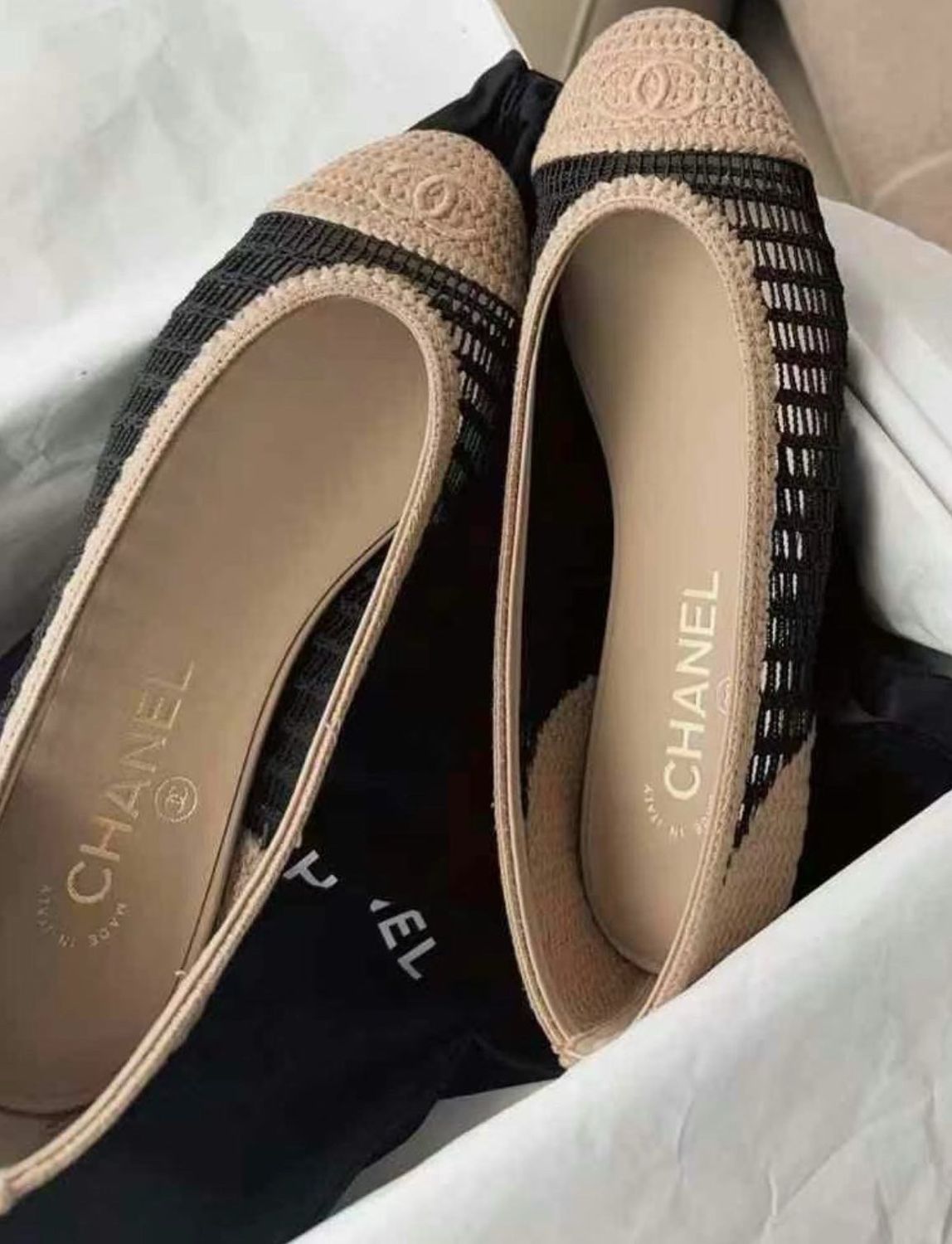 Chanel Ballet Raffia Black And Beige Size 37, New In Box CA001