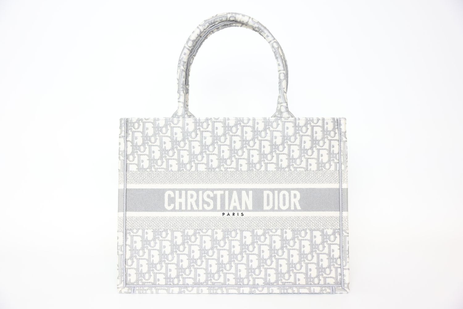 Christian Dior Book Tote Medium, Ecru and Gray Dior Oblique Embroidery, New No Dustbag WA001