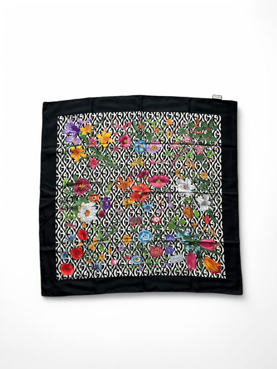Gucci Scarf, Black/White Monogram with Floral, As New in Box (Ships from London)