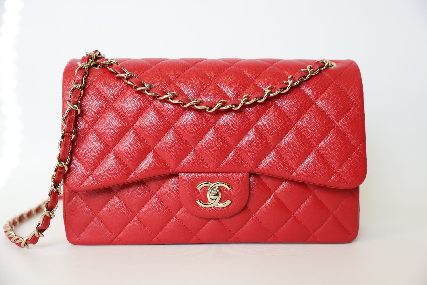 Chanel Classic Jumbo, Red Caviar with Gold Hardware, Preowned in Dustbag WA001