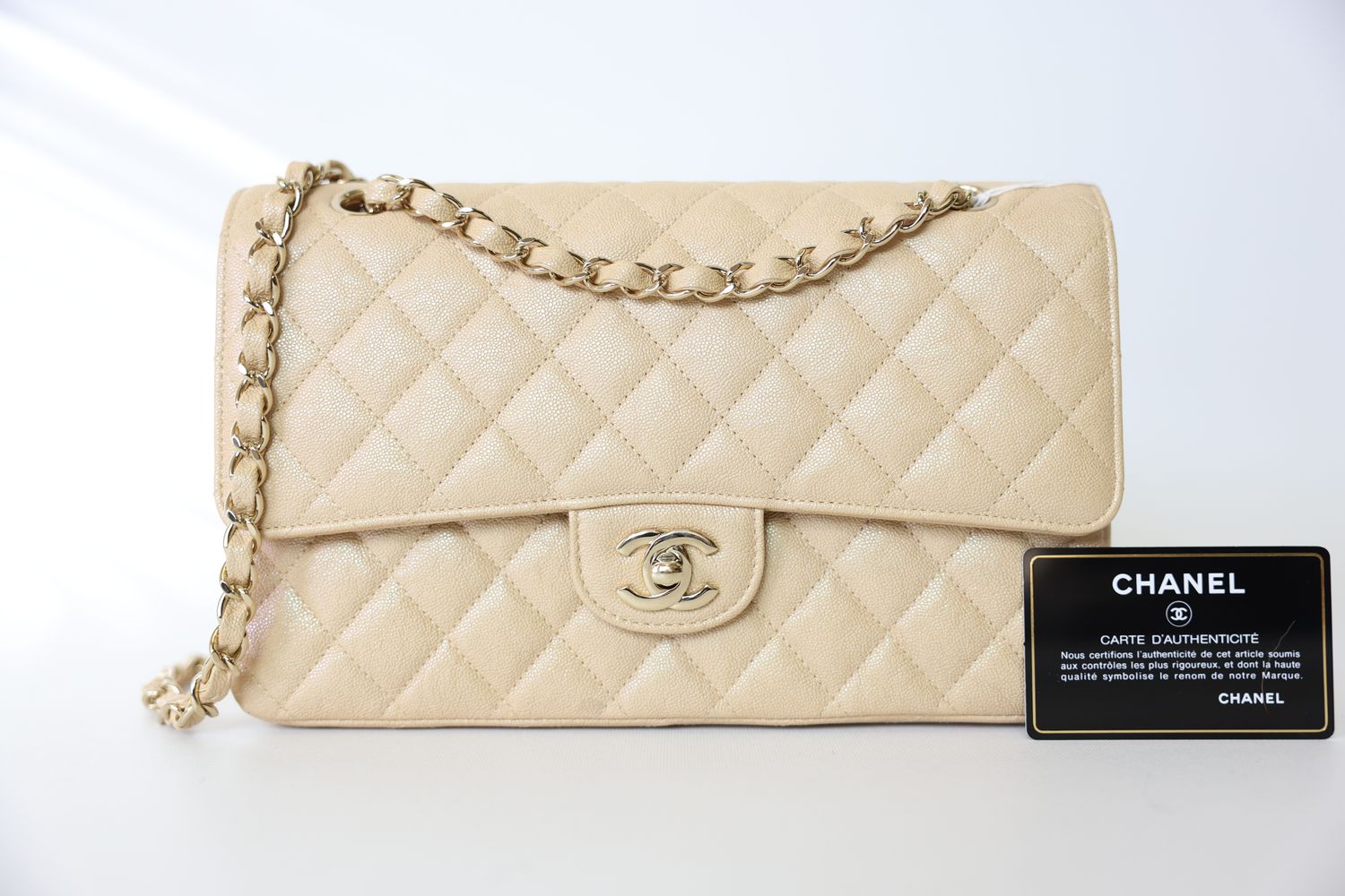 Chanel Classic Medium, Iridescent Beige Caviar with Gold Hardware, Preowned in Box WA001