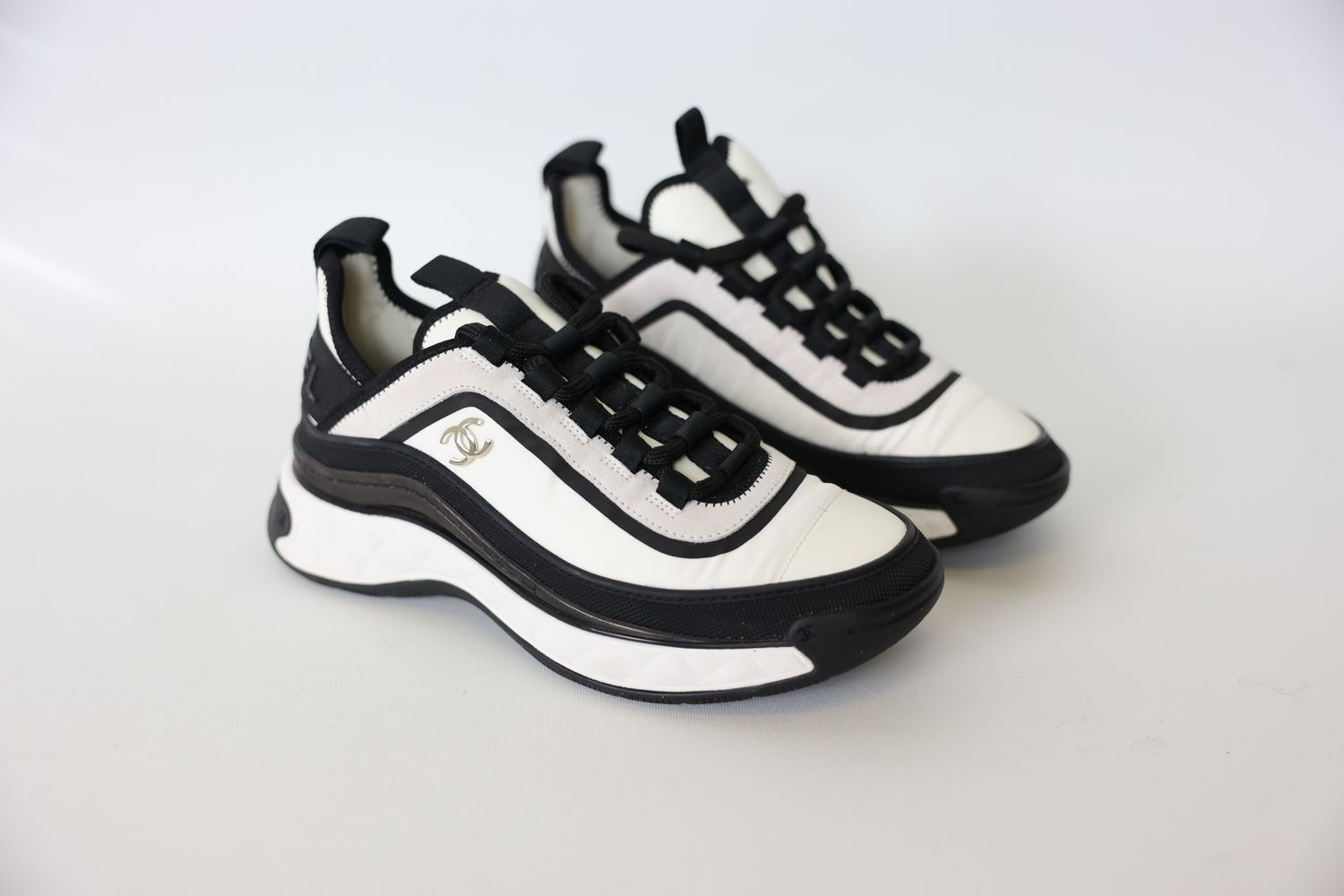 Chanel Shoes, Sneakers Size 36, 23P Black White Fabric and Suede Calfskin with Gold Hardware, New in Box WA001