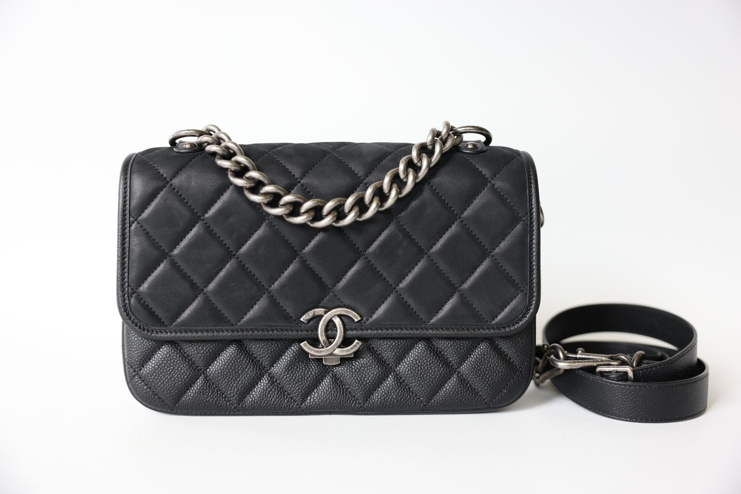 Chanel Daily Carry Messenger Bag Medium, Black Fabric and Caviar with Ruthenium Hardware, Preowned in Box WA001