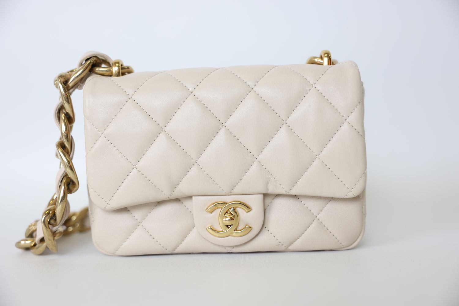 Chanel Funky Town Flap Bag Small, 23P Ecru Lambskin with Gold Hardware, Preowned in Box WA001