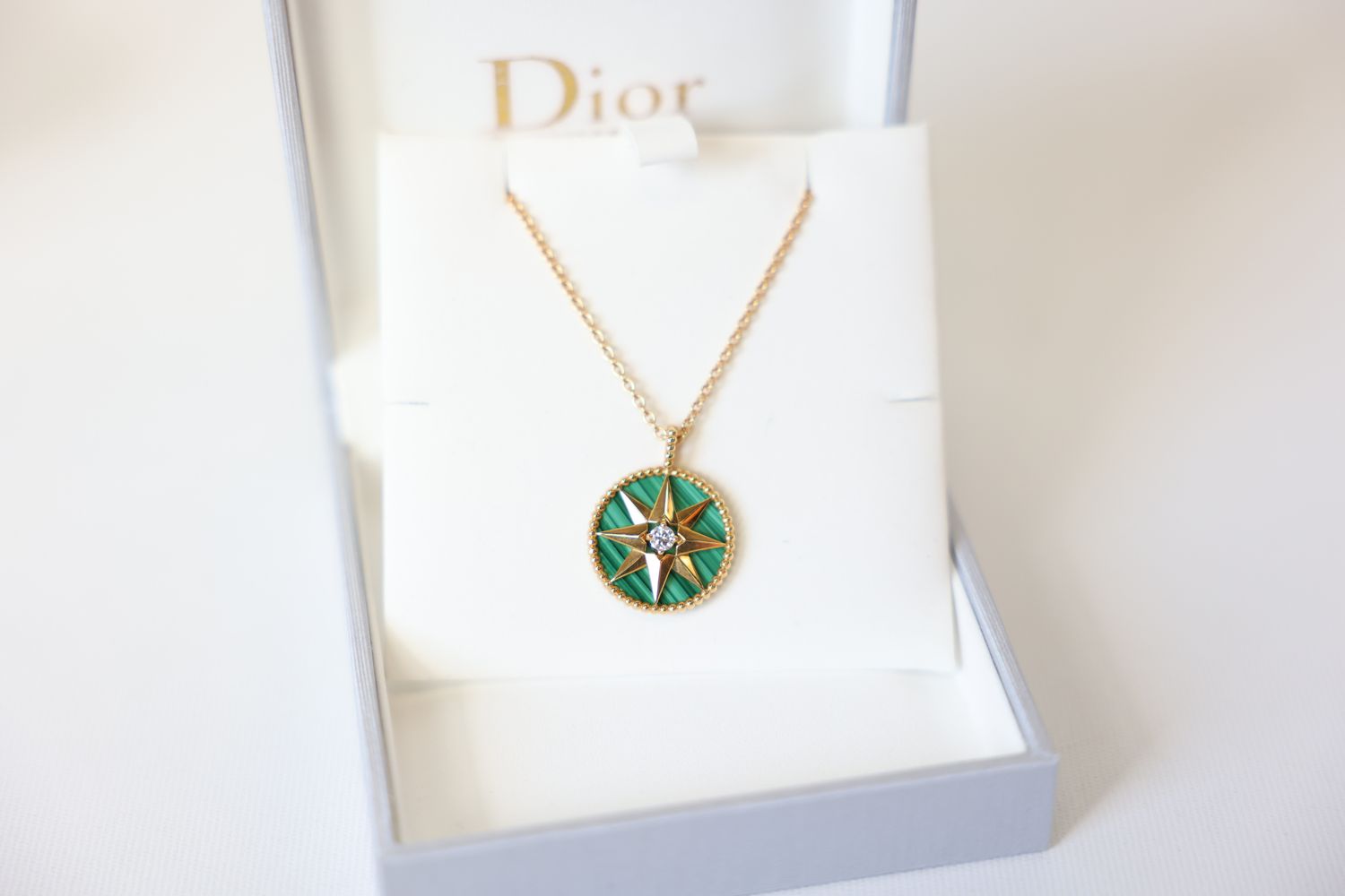 Dior Rose des Vents Medallion Necklace Medium, 18K Yellow Gold with Diamond and Green Malachite, Preowned in Box WA001