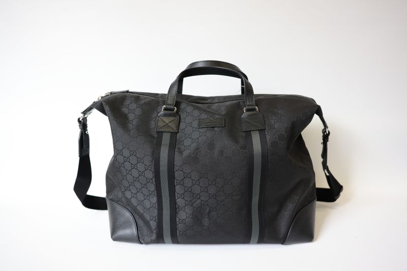 Gucci Duffle Weekender Tote Bag Large, Black GG Supreme Nylon with Silver Hardware, Preowned in Dustbag WA001