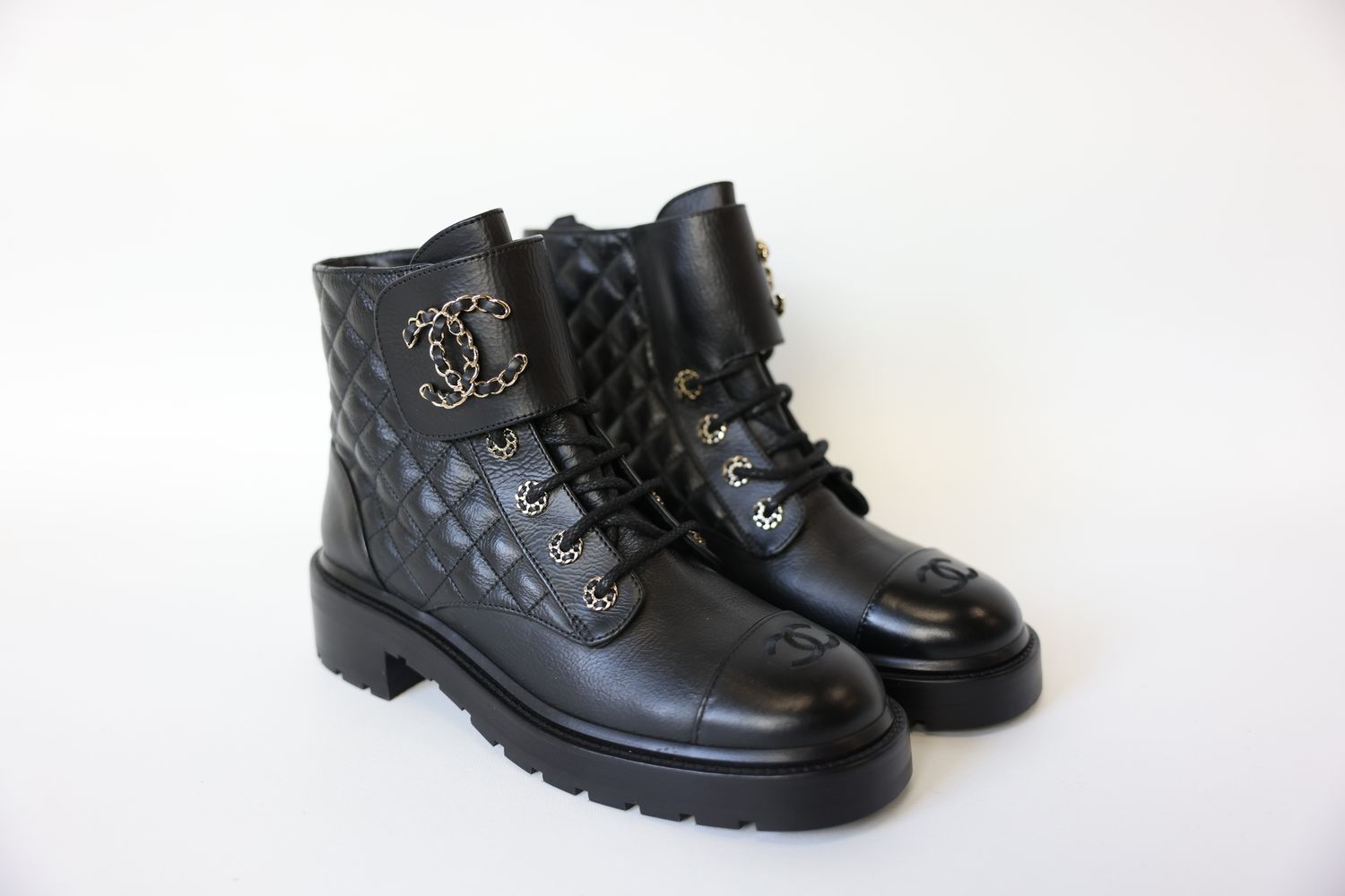 Chanel Shoes, Lace-Up Combat Boot Size 40, Black Goatskin and Calfskin with Gold Hardware, New in Box WA001