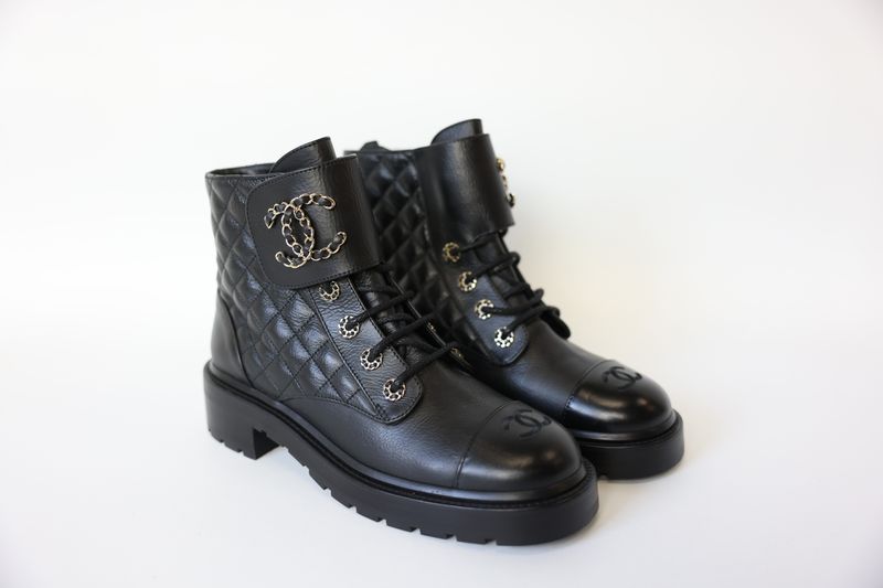 Chanel Shoes, Lace-Up Combat Boot Size 38, Black Goatskin and Calfskin with Gold Hardware, New in Box WA001