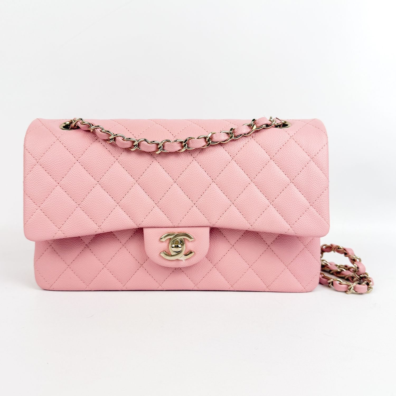 Chanel Classic Flap, Medium, 22C Rose Sakura Caviar Leather, Gold Hardware, Preowned in Box MA001