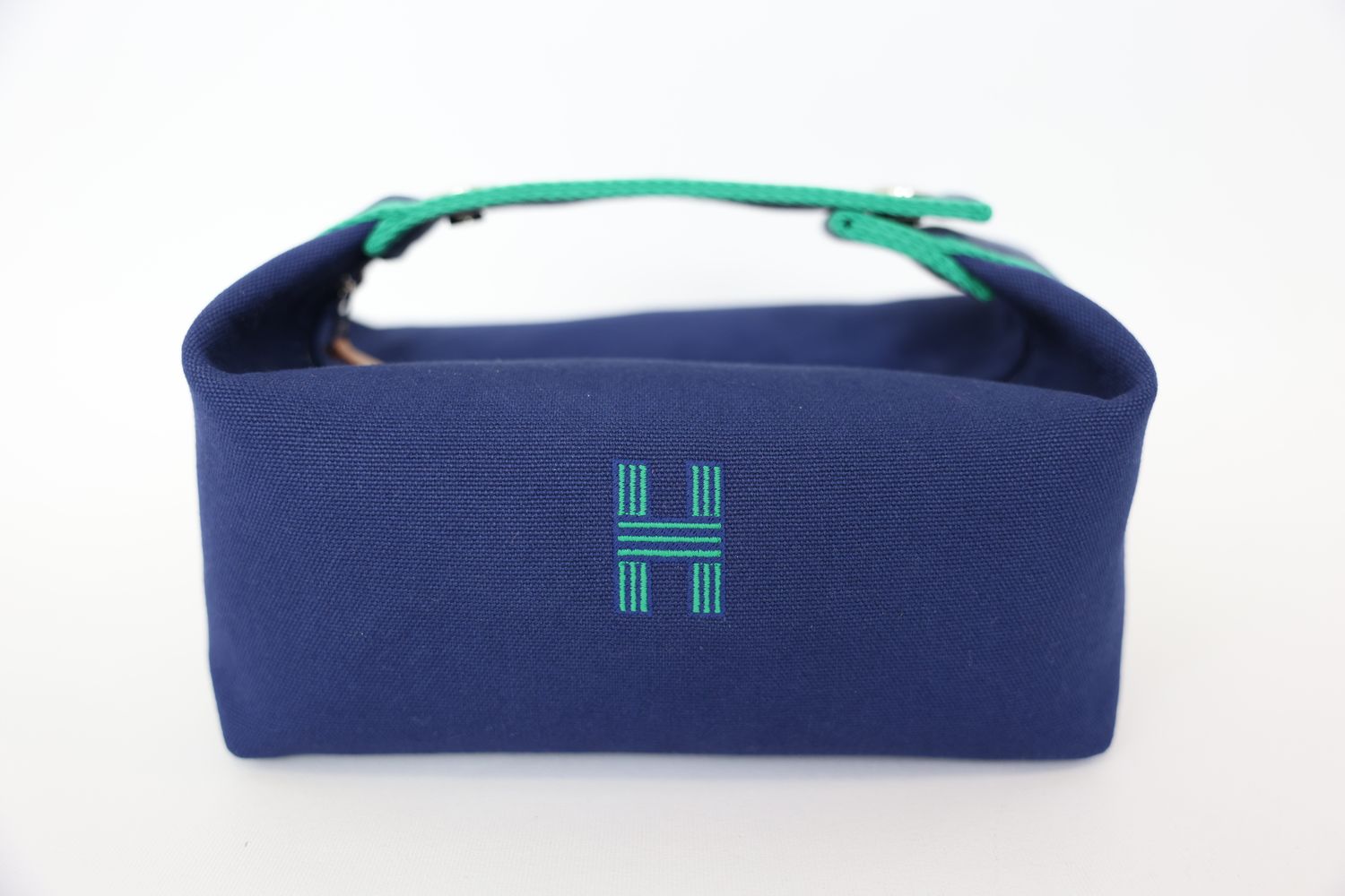 Hermes Bride-a-Brac Case Small Model, Marine Navy Blue and Green Cotton Canvas with Palladium Hardware, New in Box WA001