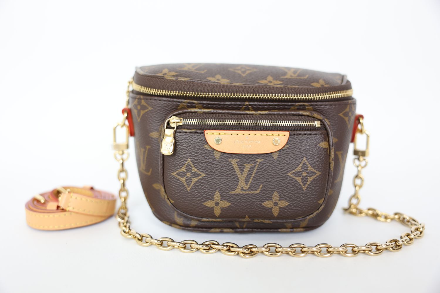 Louis Vuitton Bumbag Mini, Monogram Coated Canvas and Natural Cowhide-Leather Trim with Gold Hardware, Preowned in Dustbag WA001
