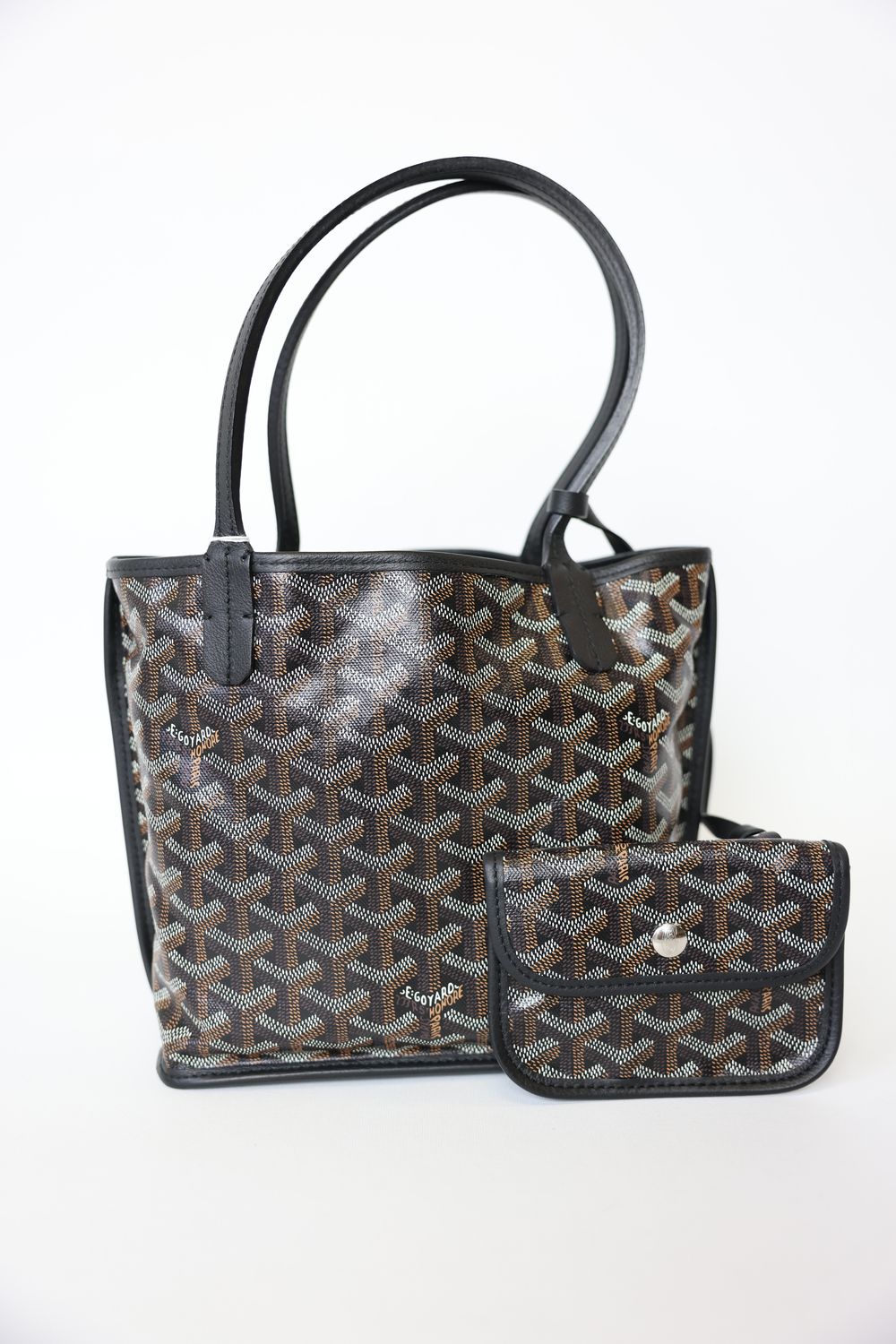 Goyard Anjou Bag Mini, Black Chevroches Calfskin and Goyardine Canvas with Silver Hardware, Preowned in Dustbag WA001