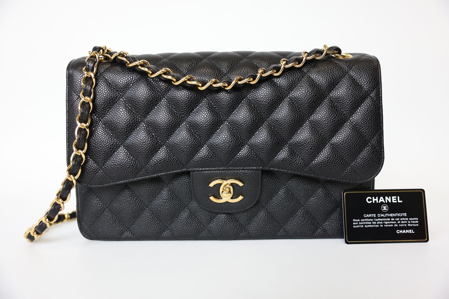 Chanel Classic Jumbo, Black Caviar with Gold Hardware, Preowned in Box WA001