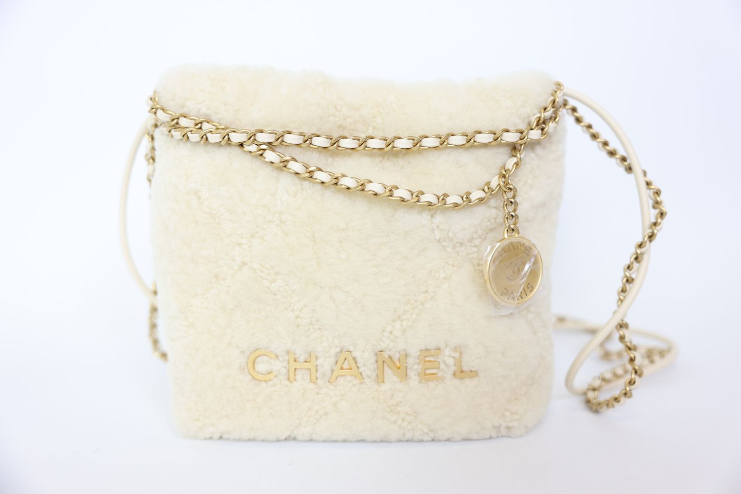 Chanel 22 Mini, 24K Beige Shearling Lambskin with Gold Hardware, New in Box WA001
