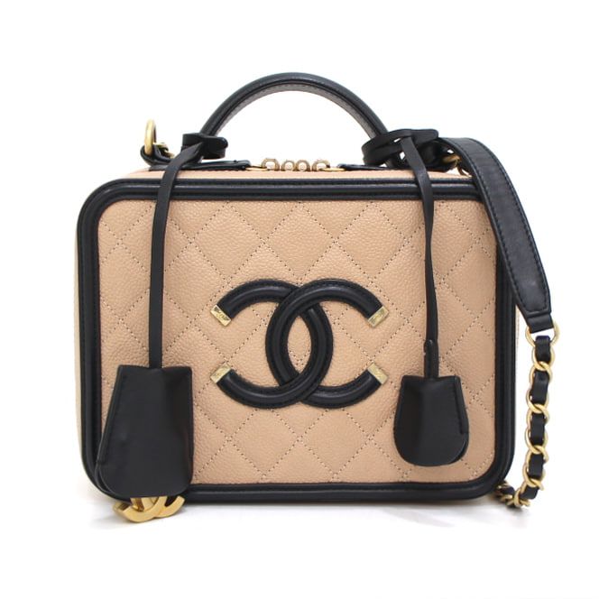 Chanel Filigree Vanity Case Medium, Beige and Black, Preowned in Dustbag GA001P