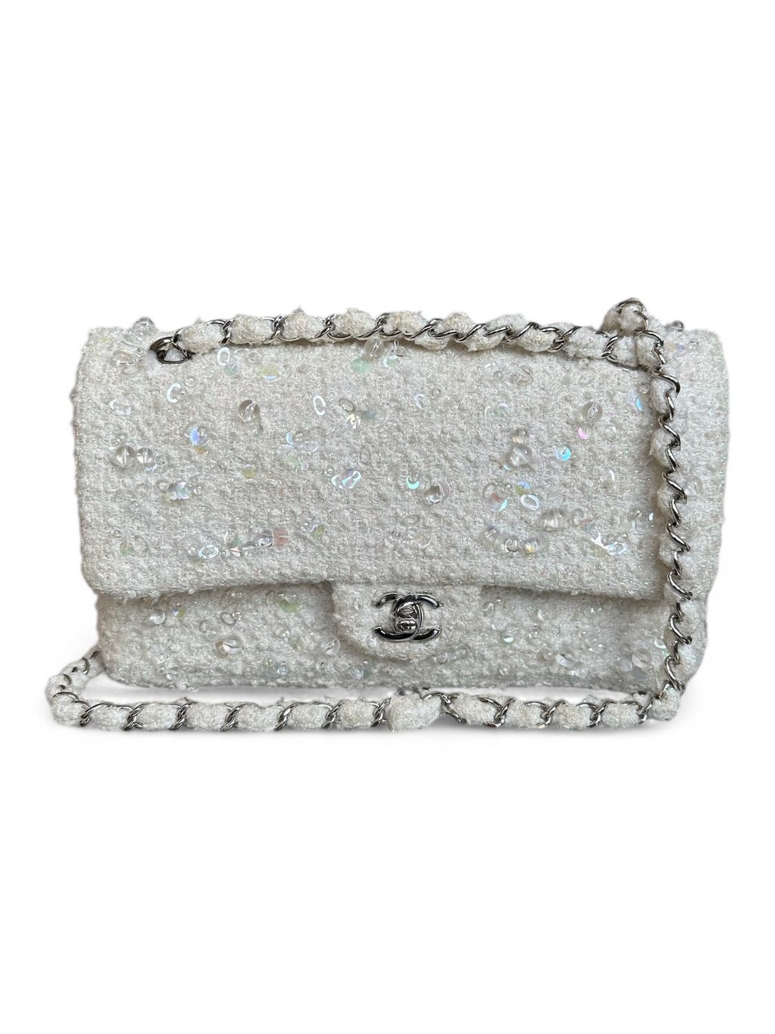 Chanel Classic Medium Double Flap, White Tweed Sequin, Preowned (Ships from London)