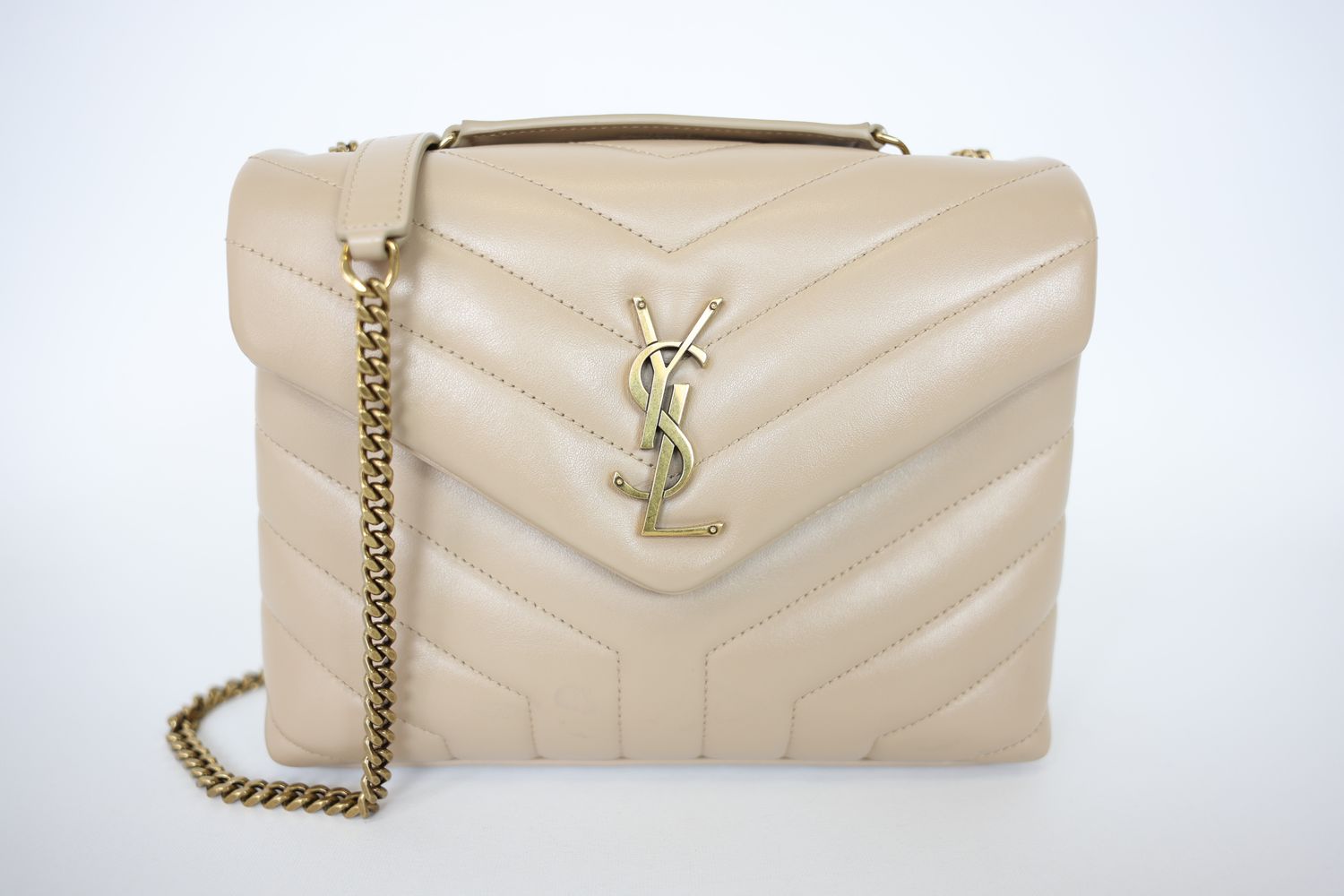 Saint Laurent Loulou Shoulder Bag Small, Beige Quilted Lambskin with Gold Hardware, Preowned in Box WA001