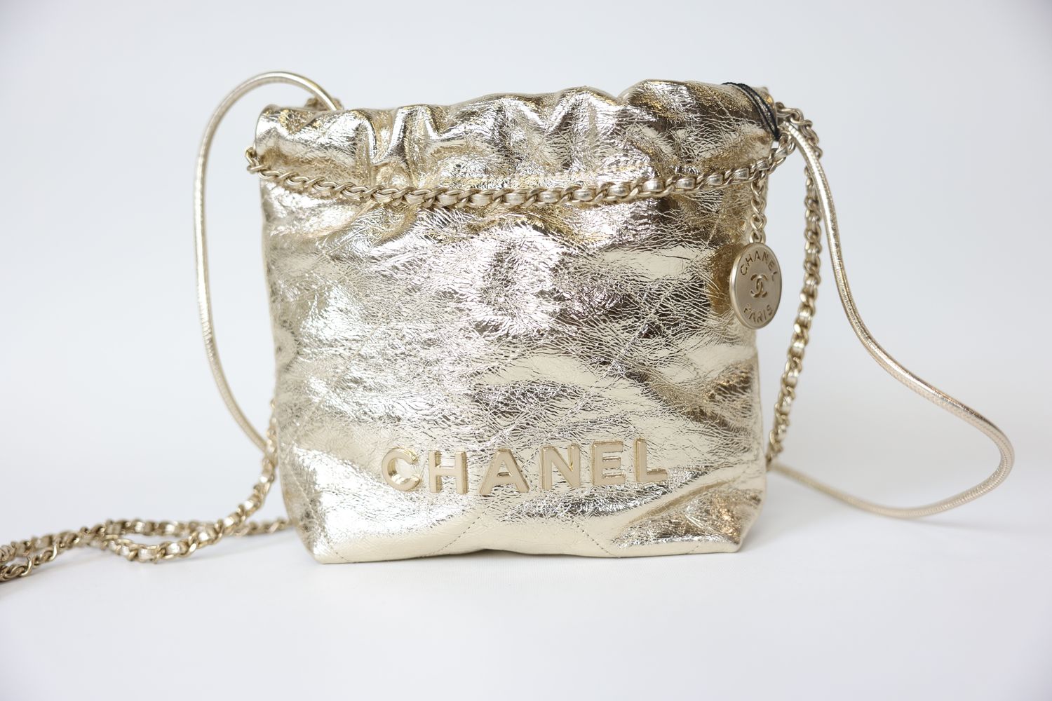 Chanel 22 Mini, 25C Gold Metallic Calfskin and Gold Hardware, New in Box WA001