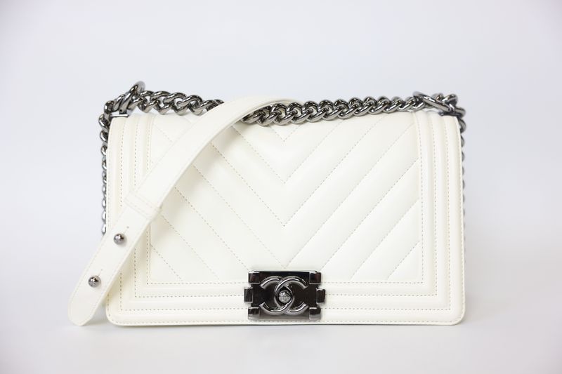 Chanel Boy Handbag Old Medium, 17K White Chevron Calfskin with Shiny Ruthenium Hardware, Preowned in Box WA001