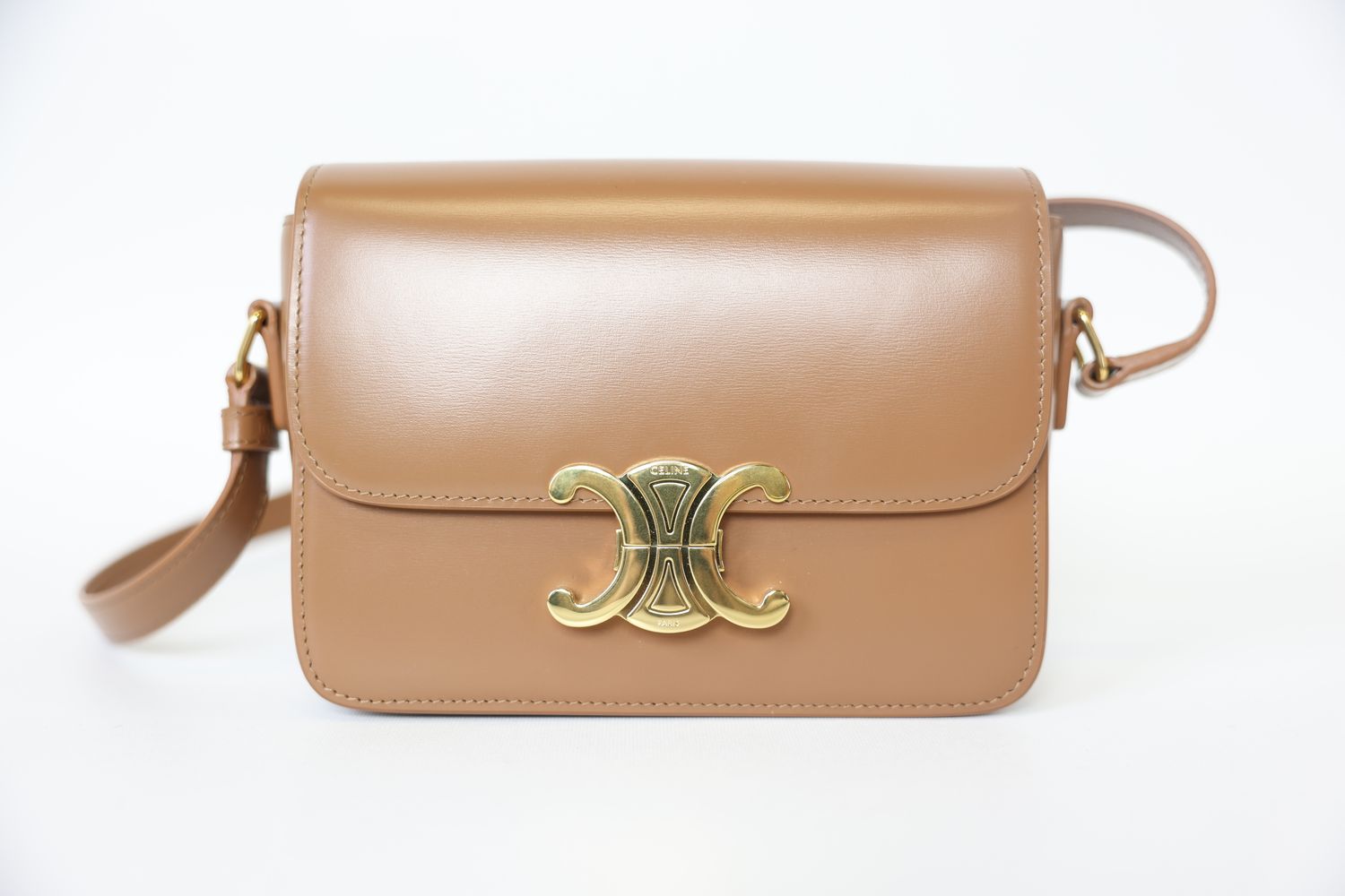 Celine Teen Triomphe Bag, Dark Sepia Shiny Calfskin with Gold Hardware, Preowned in Dustbag WA001