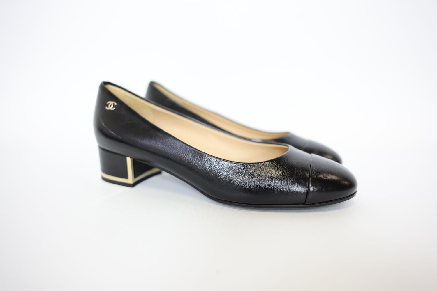 Chanel Shoes, Low Heel Pumps Size 37.5, Black Leather with Gold Hardware, Preowned in Dustbag WA001